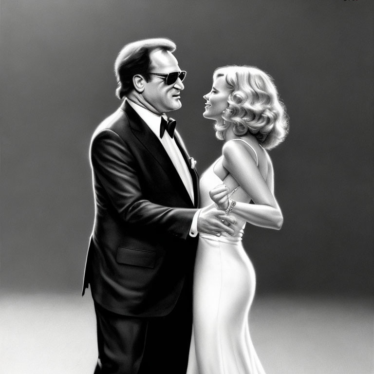 Monochrome illustration of man in tuxedo dancing with woman in white dress