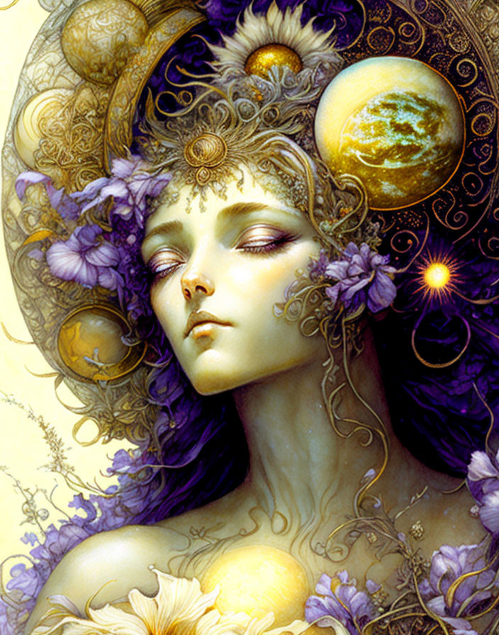 Ethereal portrait of a woman with celestial motifs and golden details