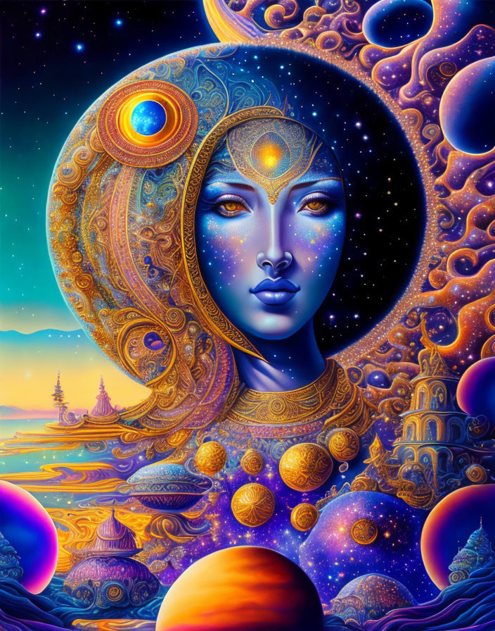 Celestial woman illustration with galaxy headdress on vibrant cosmic backdrop