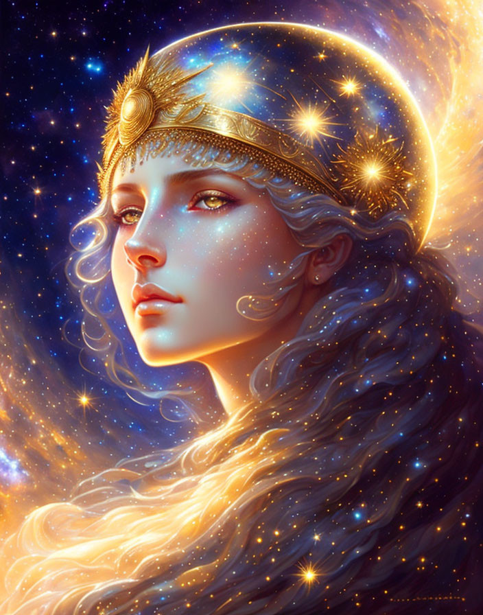 Ethereal woman with wavy hair and celestial diadem in cosmic setting