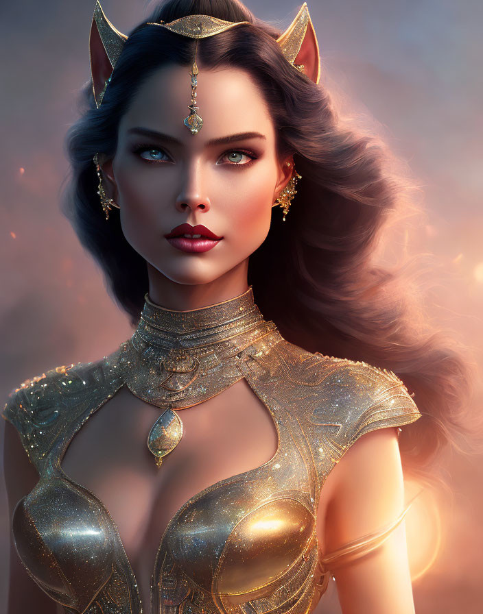 Mystical digital artwork of woman with cat ears in golden attire