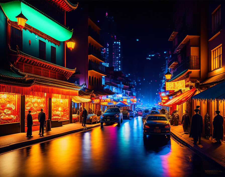 Vibrant Night Scene: Traditional Buildings, Cars, and People on Street