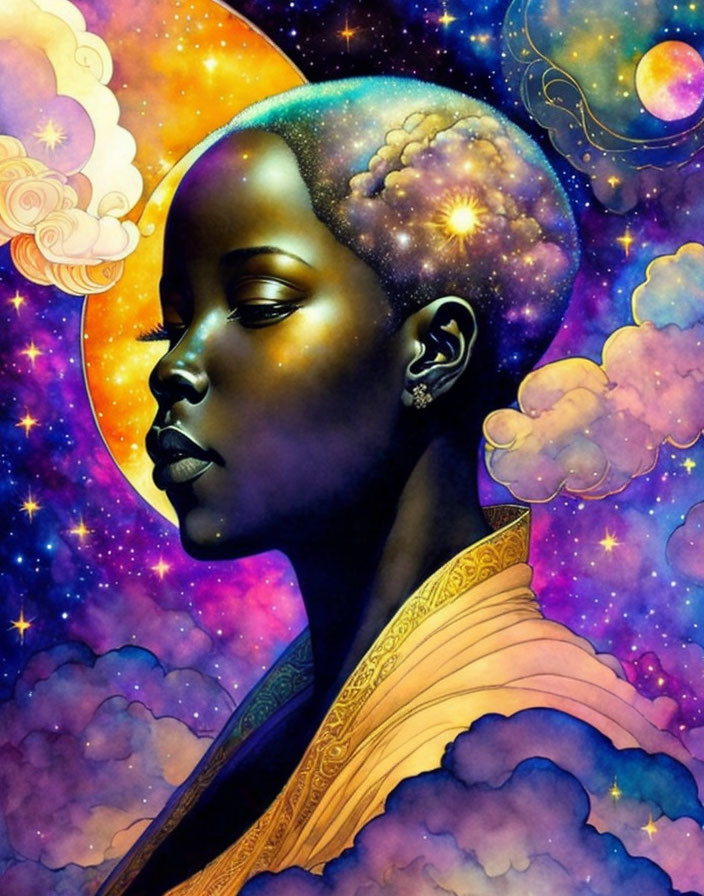 Colorful cosmic-themed woman surrounded by stars and planets