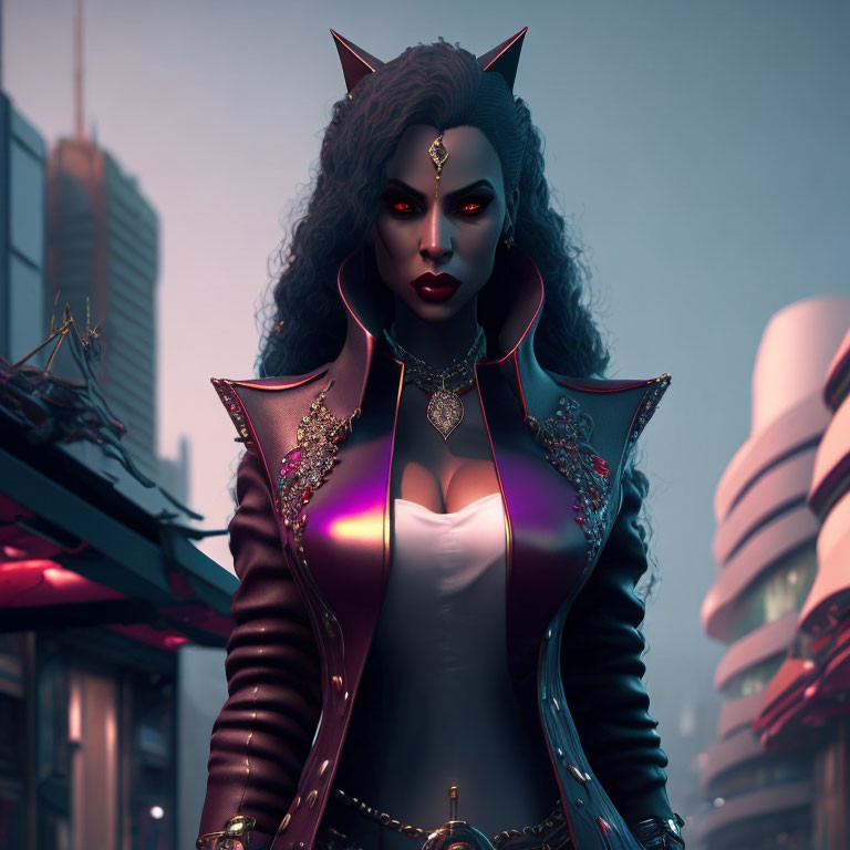 Stylized female character with horns in futuristic outfit against cityscape