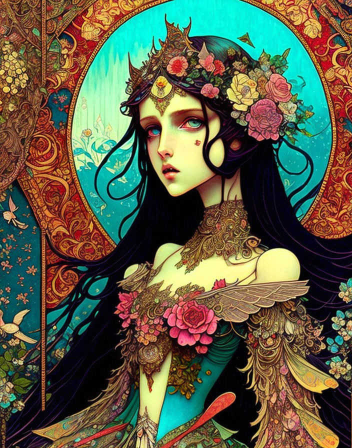 Whimsical female figure with intricate floral headpiece and blue backdrop