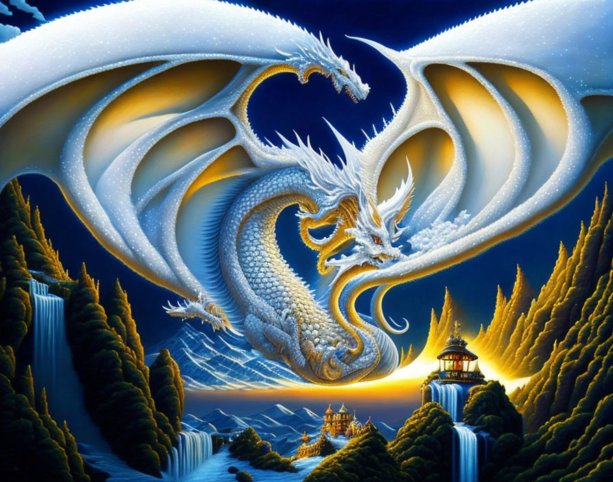 White dragon flying over mystical landscape with waterfalls and pagodas