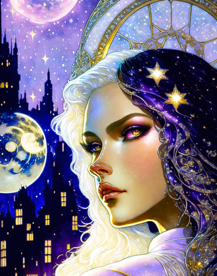 Detailed illustration of woman with white hair and golden halo under night sky with stars, moon, and enchanted