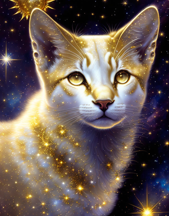 Celestial cat digital artwork with golden eyes and starry fur in deep space