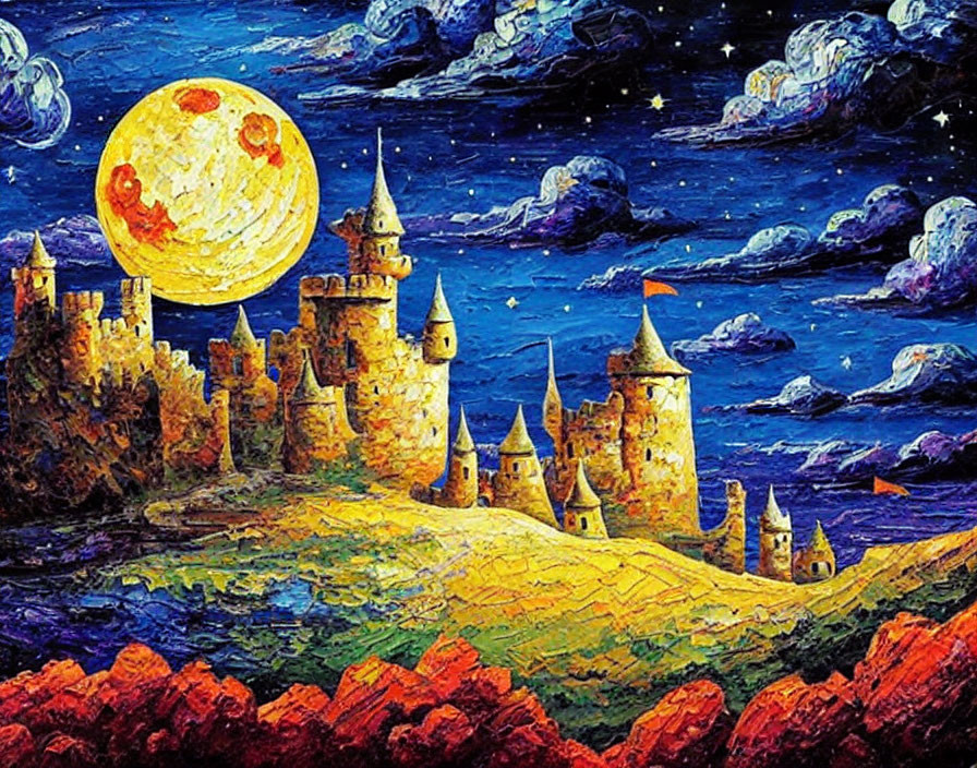 Castle on hill under starry night sky with yellow moon and colorful clouds