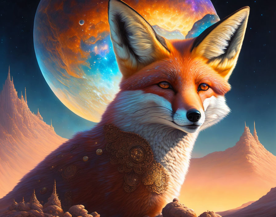 Detailed Red Fox Head Illustration on Fantasy Moonlit Terrain