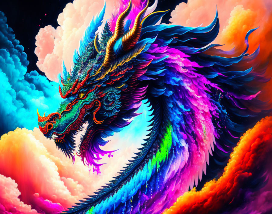 Mythical dragon digital artwork with iridescent scales in cosmic setting