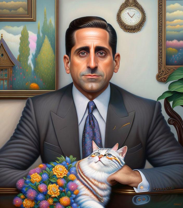 Man in suit holding cat next to flowers in stylized setting