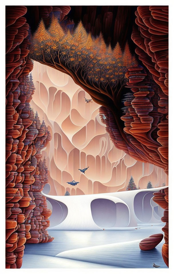 Layered Rock Formations with Autumn Trees, Tunnels, and Birds in Surreal Landscape