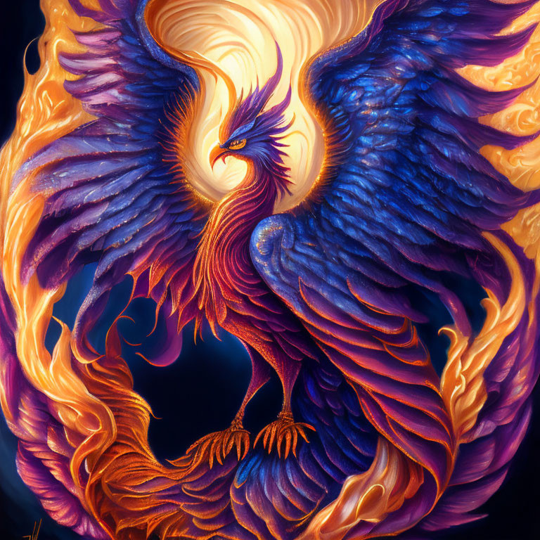 Colorful Phoenix Illustration with Fiery Plumage and Spread Wings