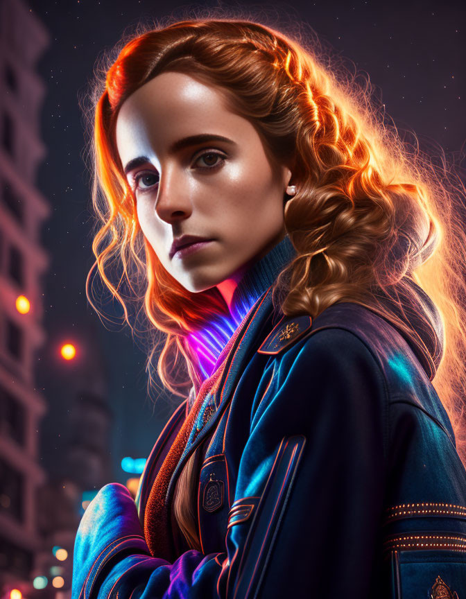 Curly-Haired Woman in Military Jacket Under Neon City Lights