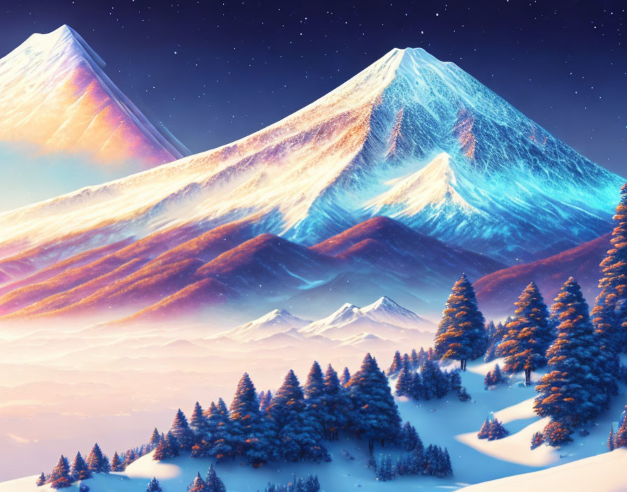 Snowy Landscape: Towering Mountains, Alpine Trees, Sunrise Glow