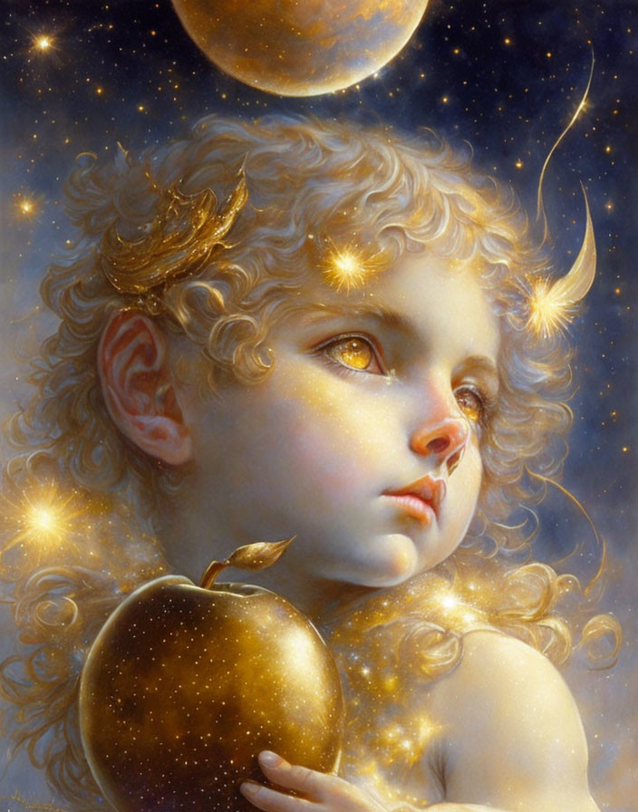 Curly-Haired Child with Golden Apple in Cosmic Setting