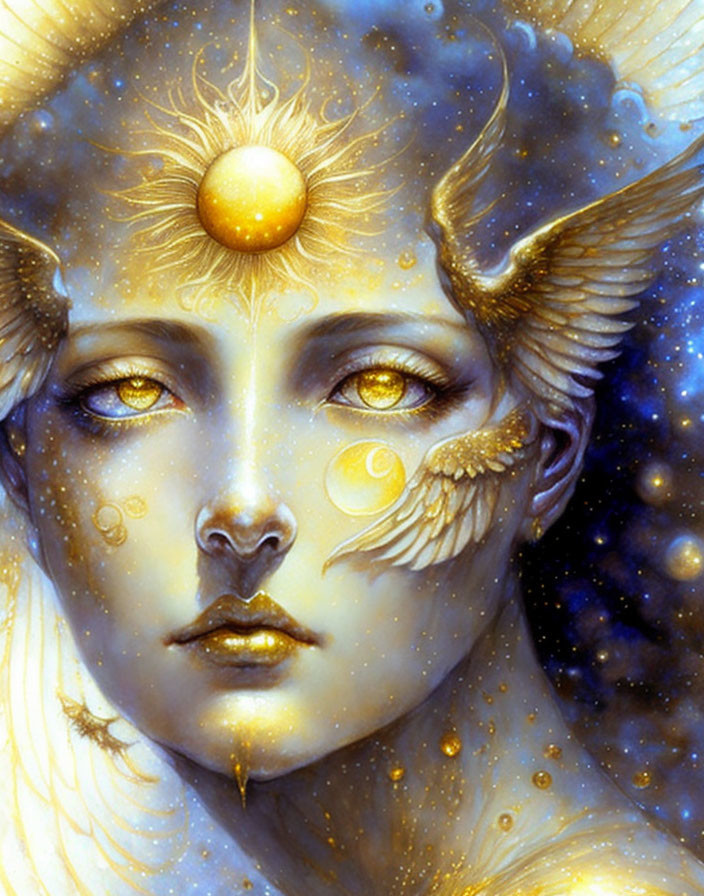 Golden portrait of celestial being with winged eyes and sun motif on forehead against starry backdrop