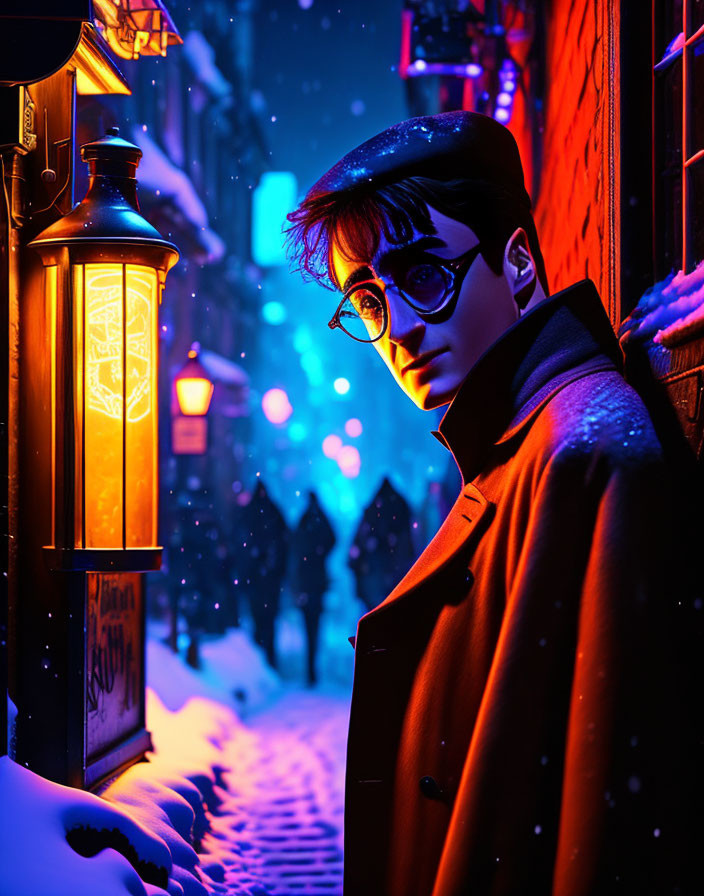 Young wizard in red coat in snowy alleyway at night