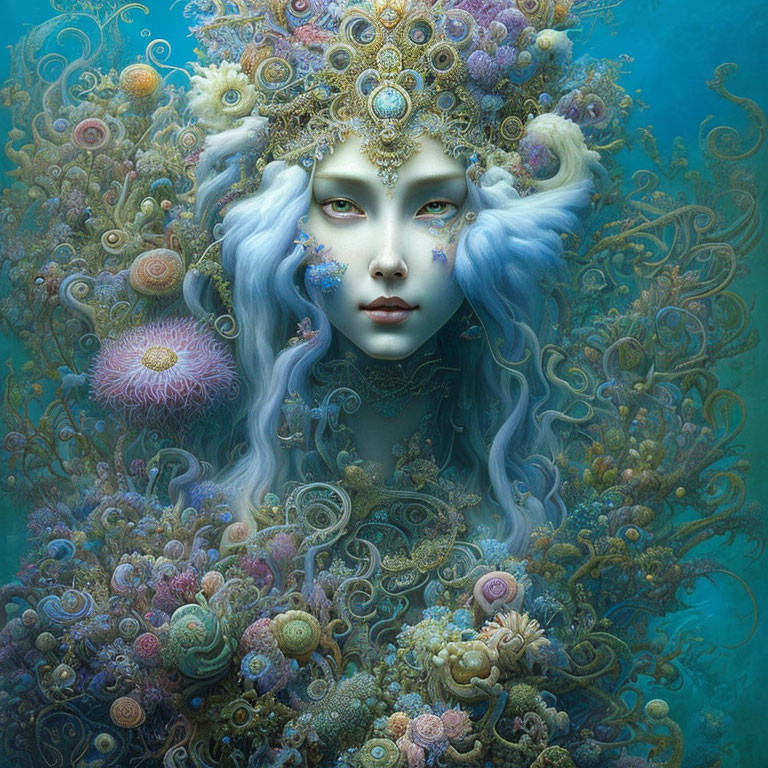 Mystical sea-themed digital artwork of feminine figure with ocean-inspired headwear and intertwined hair.