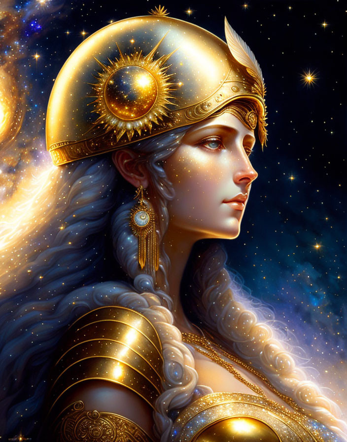 Celestial armored woman with golden helmet and flowing blue hair in starry backdrop