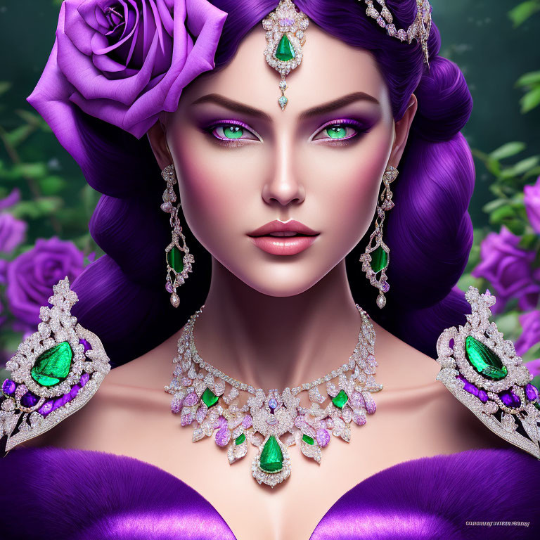 Digital artwork featuring woman with purple hair, green eyes, and gemstone jewelry among roses.