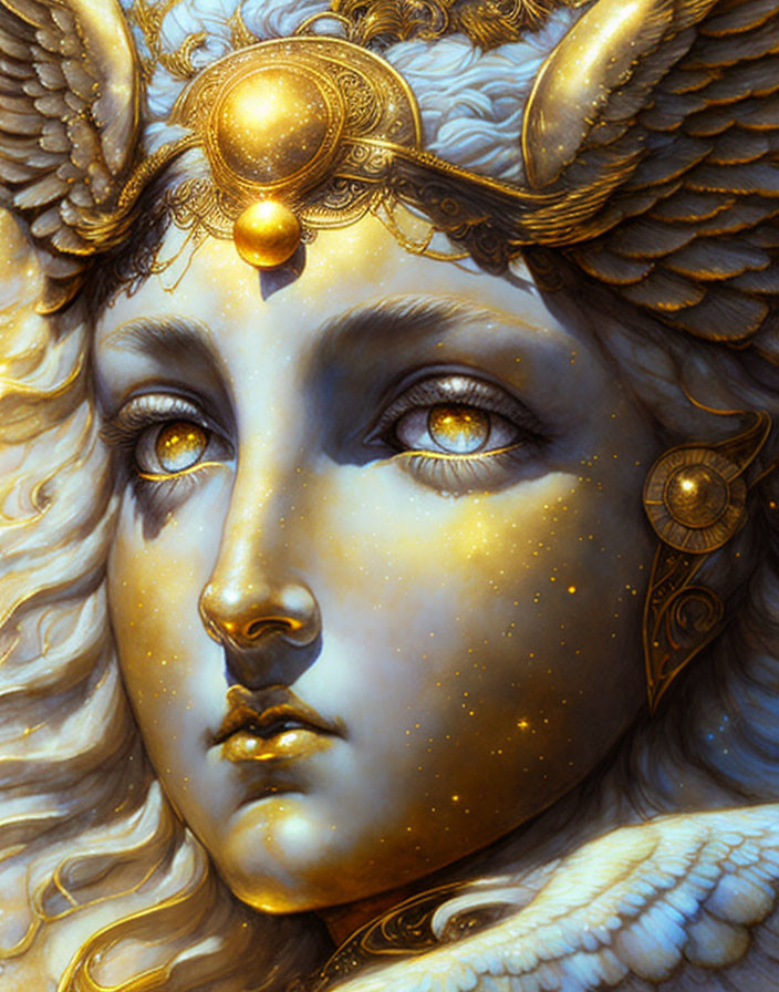 Detailed illustration of mystical being with golden eyes, adorned with gold jewelry and ram's horns, against celestial