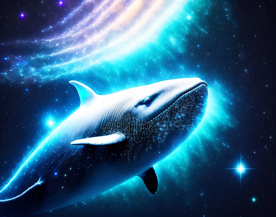 Glowing blue whale in cosmic space with stars and nebulous clouds