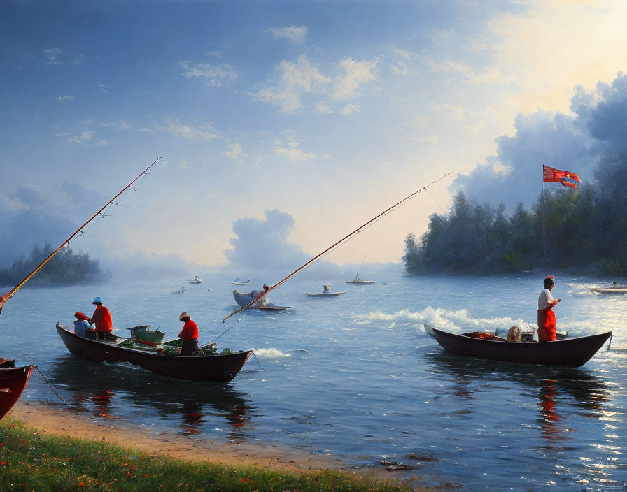 Tranquil river scene with boaters fishing in foggy setting