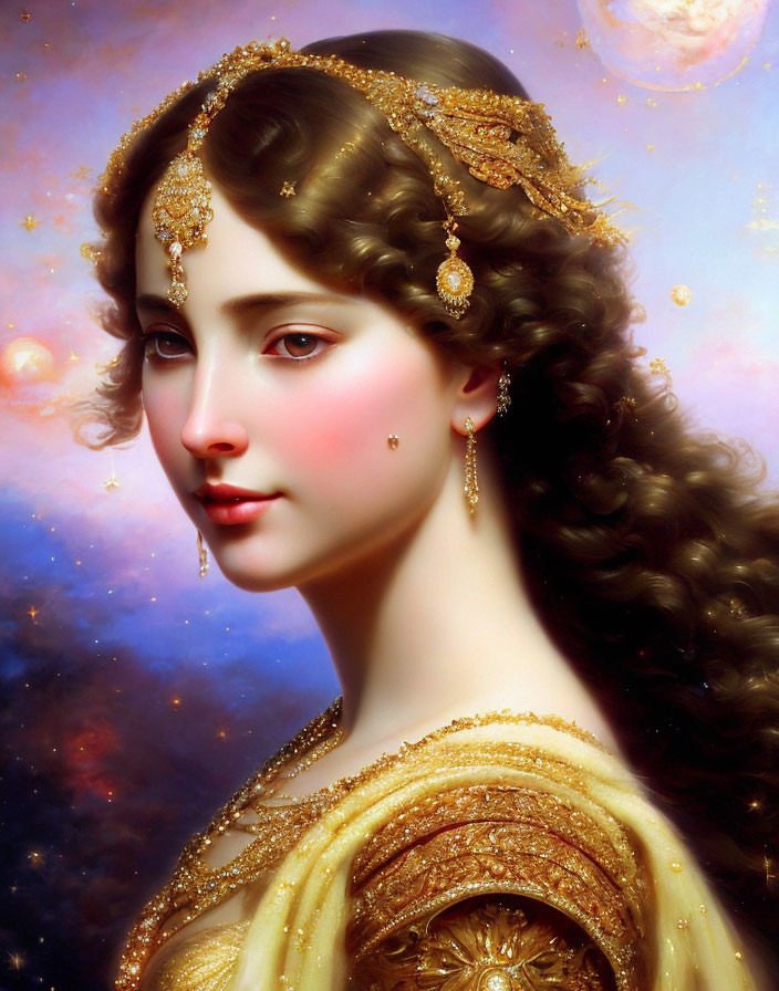 Curly-haired woman in gold dress against celestial backdrop