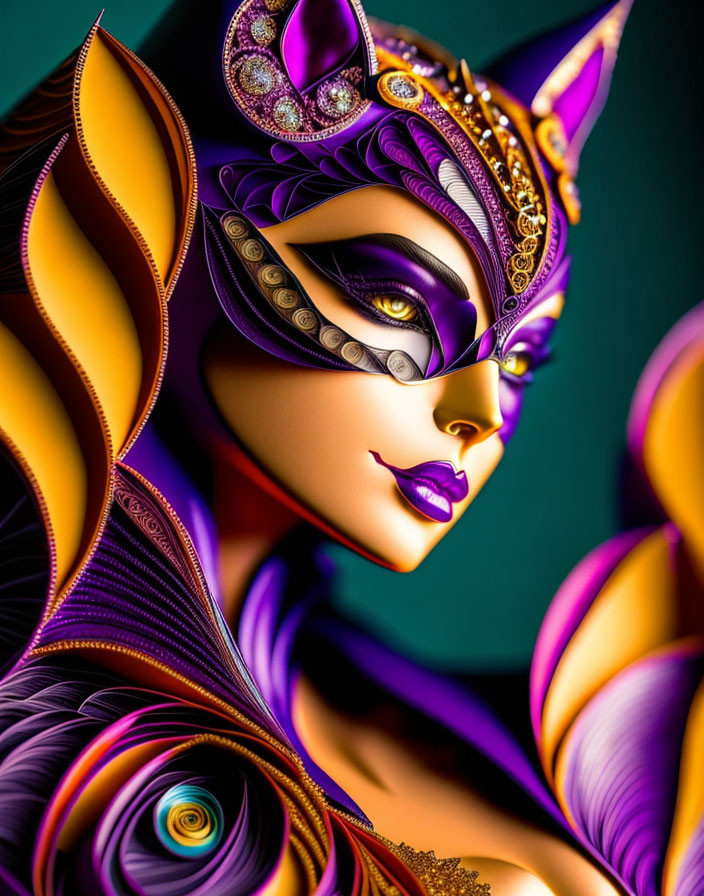 Colorful digital artwork: stylized female figure with purple and gold headgear & intricate patterns.