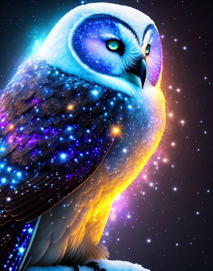 Ethereal snowy owl with galaxy-themed body and blue feathers