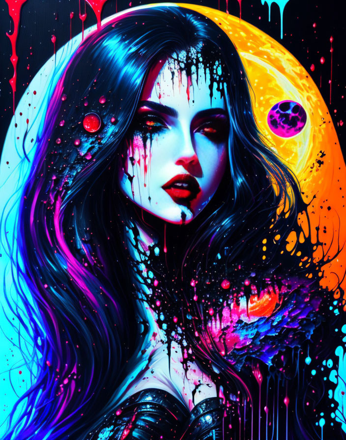 Colorful digital artwork of woman with long hair in cosmic setting