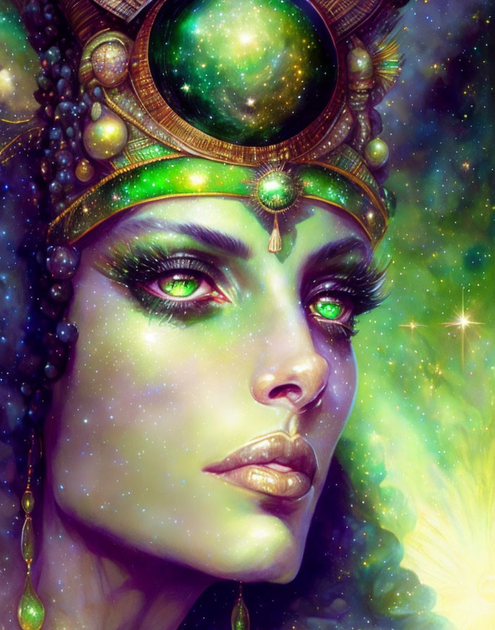 Woman with Green Celestial Makeup and Ornate Headdress in Cosmic Portrait