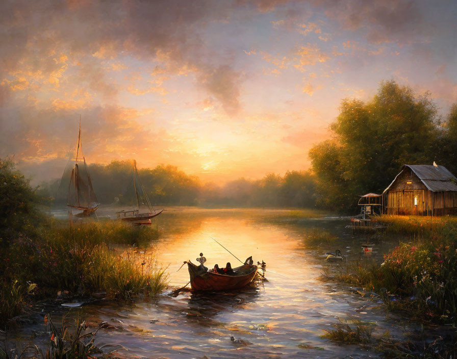 Tranquil sunset river scene with boat, cabin, sailboat, lush vegetation, colorful sky