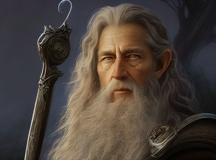 Elderly wizard illustration with long white beard and staff