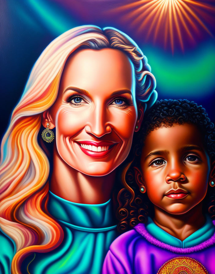 Colorful Portrait of Smiling Woman and Child with Blonde and Curly Hair