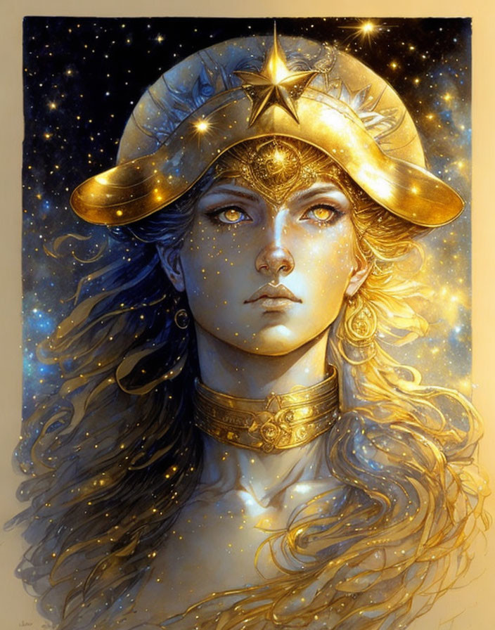 Celestial-themed woman illustration with golden hat and jewelry