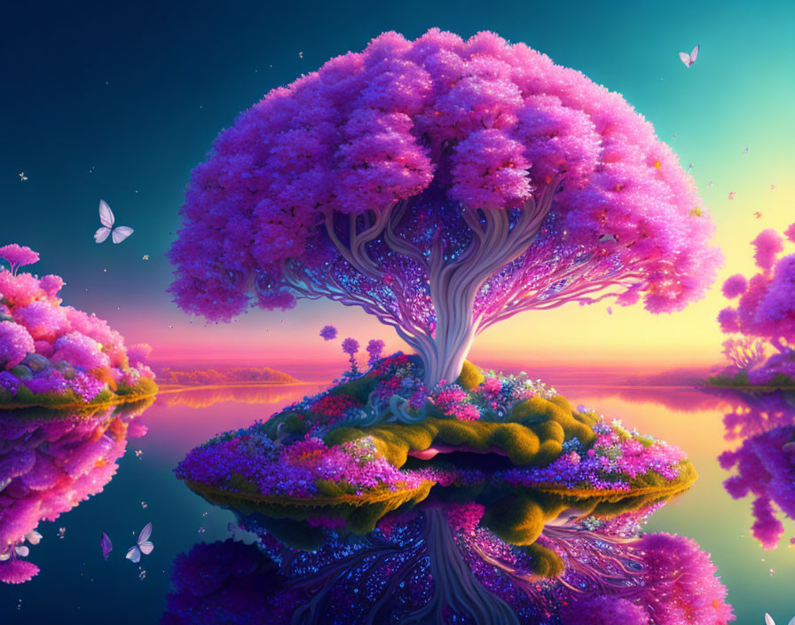 Surreal landscape with pink tree on island under sunset sky