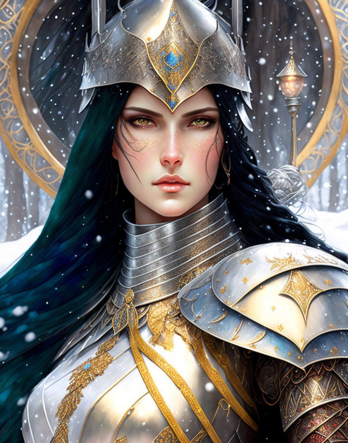 Female warrior in ornate silver and gold armor in snowy landscape