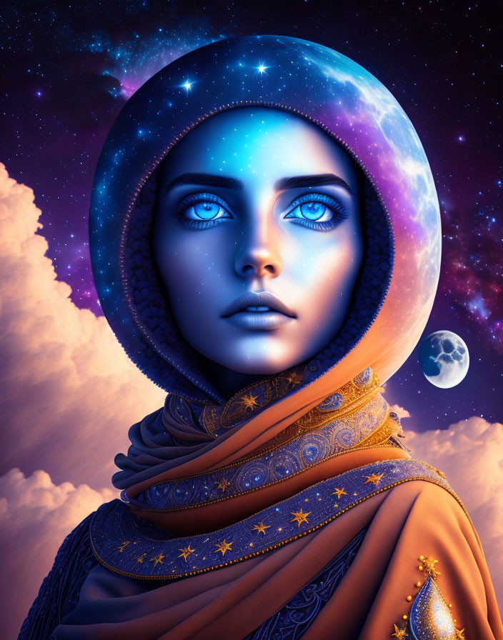 Digital Art: Woman in Cosmic Hijab Under Starry Sky