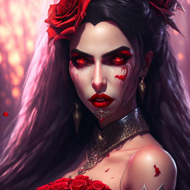 Stylized illustration of woman with dark hair, red eyes, and rose adornments