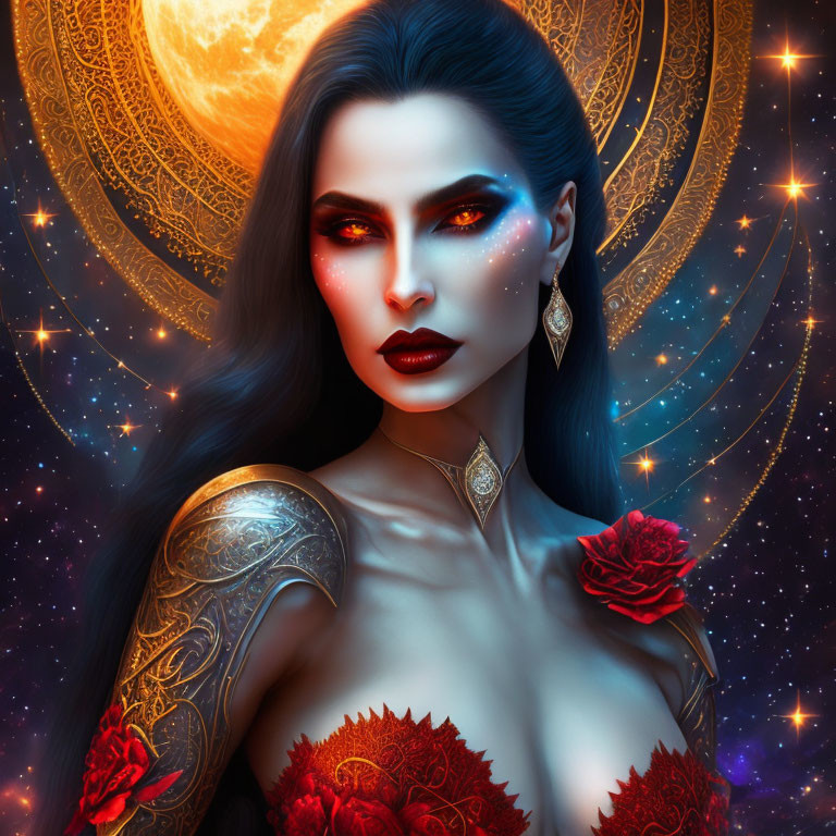 Fantasy illustration of woman in armor with cosmic backdrop