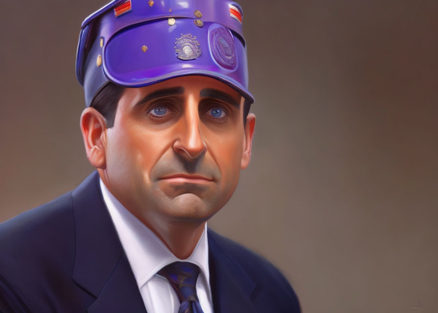 Exaggerated man caricature in blue suit with small purple hat