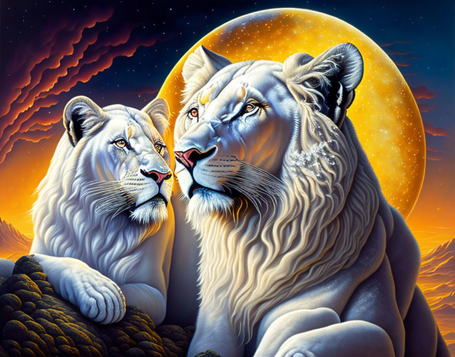 White lions under full moon and starry sky, one licking the other's face.