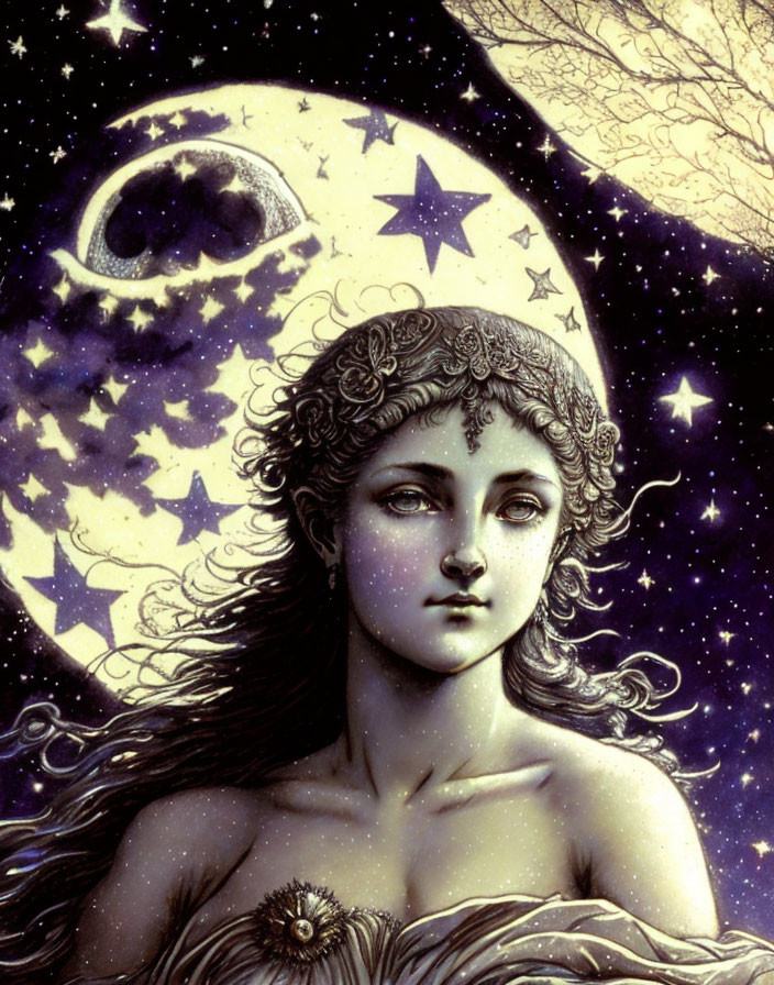 Mystical artwork of woman under starry sky and crescent moon