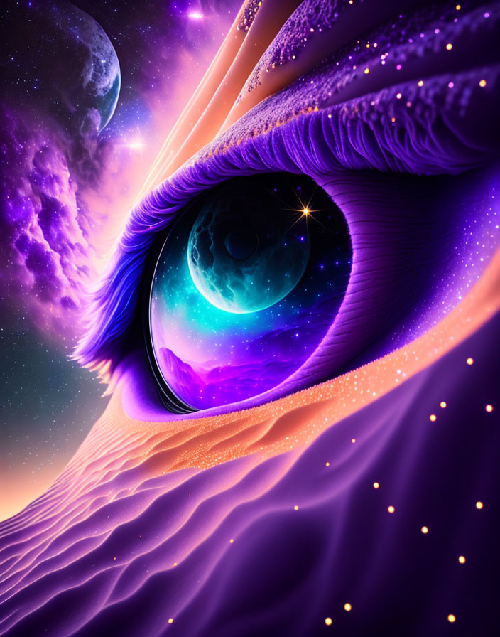 Surreal eye illustration with cosmic galaxy reflection on vibrant starry backdrop