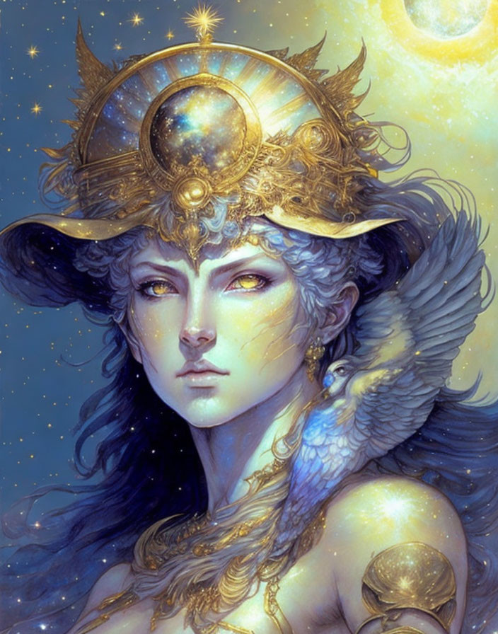 Celestial-themed armor woman with bird in mystical setting