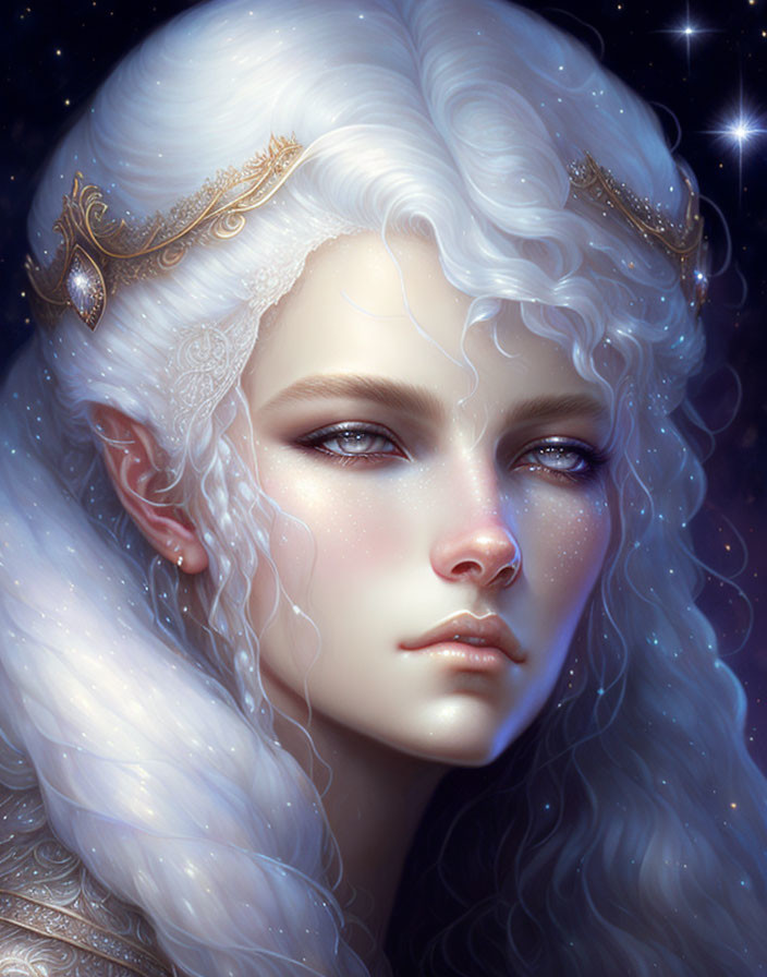 Pale-skinned mystical being with white hair, golden tiara, pointed ears, and starlit background