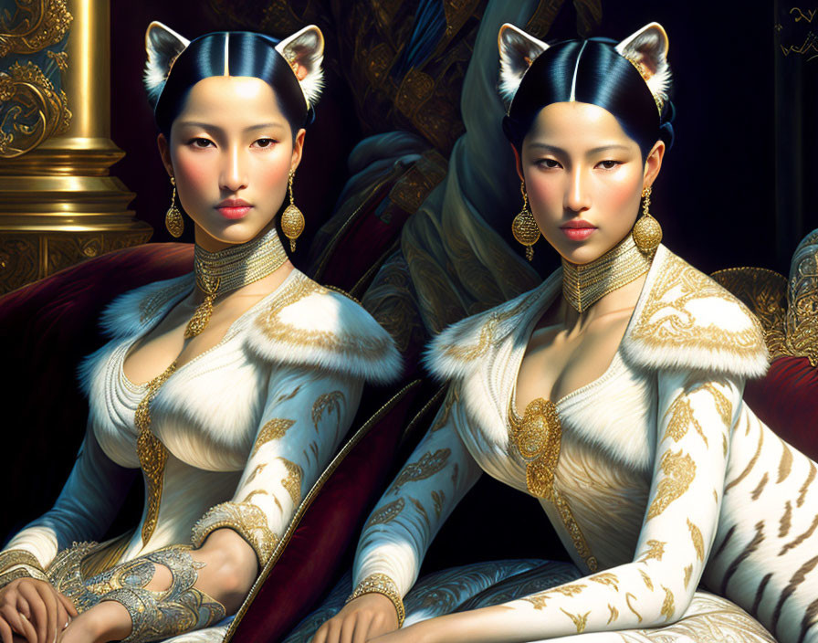 Two female figures with feline features in white and gold attire against opulent backdrop